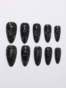 24片杏仁形短款按压式美甲贴片，3D立体黑色图案设计，可自由组合，适合派对和日常佩戴，附赠啫喱胶和指甲锉等美甲用品。 - 彩色 - 查看 2