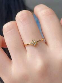 1pc Stainless Steel Classic Thin Clover Ring, Unique Design, Versatile Floral Ring, - Four-leaf Clover Ring With Diamonds - View 3