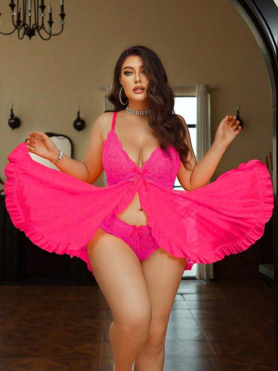 weiweihu Large Size Deep V Thin Shoulder Strap High Slit Lotus Leaf Lace Lace Nightdress/Large Size Lace Mesh Bow Nightdress Sexy Backless V-Neck With Lace-Up Details All-Season Women's Pajamas,Plus Size Lingerie,Lingerie Plus Size,Curve Lingerie Plus Size,Christmas Lingerie Plus Size,Lingerie For Women,Lingerie For Women Roleplay,Plus Size Pajama Sets - 玫紅色 - 查看 1