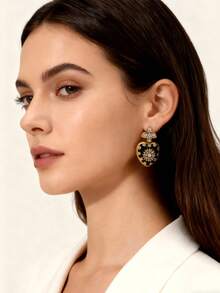 Vintage Flower Shaped Inlaid Resin Small Round Ball Heart-Shaped Necklace Earrings In Three Colors Suitable For Women's Daily Dance Wear, Gifts For Mothers And Girlfriends - Black Earrings - View 3