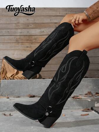Detachable Two-Way Design, New Fashionable Heightening, Thick Sole Chunky Heel, Velvet Thickened Material, Embroidered, Multi-Functional, Comfortable Knight Boots, Knee-High Boots, Outdoor Boots, Boots, Suitable For Music Festivals And Halloween