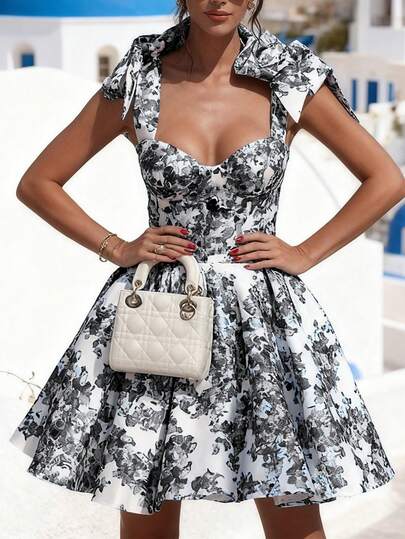Women's Sexy Low-Cut Vacation Style Fitted Printed Tie-Up A-Line Mini Backless Spaghetti Strap Dress, Vintage Elegant Swing Party Sheer Bridesmaid Cocktail Gown, New Casual Dress, Spring/Summer/Autumn