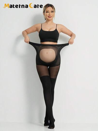 1pc Maternity 2 In 1 Black Leggings With Transparent Striped Belly Design, Fashionable & Sexy Semi-Sheer Faux Thigh-High Socks, Suitable For Daily Life And Leisure, Suitable For Early, Middle And Late Pregnancy, And Postpartum