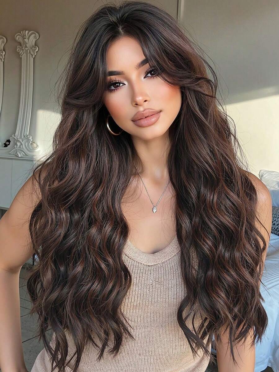 1 Piece Synthetic Heat-Resistant Hairpiece In Curly Gradient Pink Wig, 28 Inches Long, Made From Fiber, Suitable For Daily Use, Natural And Realistic Hairpiece. - Brown Highlight - View 1
