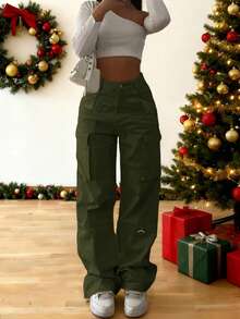 Elegant Stylish Vintage Y2K Casual Cute Cargo Pants, Green Elastic Waist Wide-Leg, Pocketed, Comfortable, Airport Outfit, Back To School, Teacher, Clubs, Birthday Parties, Halloween, Christmas, New Year, Thanksgiving, Concerts, Gym, Business, Street Wear, Spring, Summer, Autumn And Winter Styles