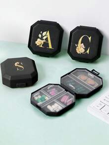 6-Compartment Portable Pill Box, Gold Flower & Letter Pattern, Capsule Storage Case, Travel Medication Box, Mini Pill Organizer, A-Z Letters, 6-Grid Tablet Organizer, Travel Mini Pill Box, Moisture-Proof Pill & Vitamin Container, Pill Box, Pill Box, Pill Box, Medical Travel Accessories, Dorm Essentials, Valentine's Day Gift, Small Gift Exchange - Multicolor - View 8