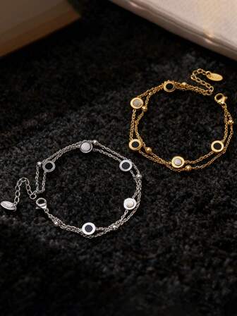 Creative Classic Roman Numeral Inlaid Zirconia Titanium Steel Exquisite Bracelet, Women's Elegant Hand Jewelry