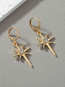 2pcs Stylish Rhinestone-Decorated Star Pendant Earrings, Round Geometric Eight-Pointed Star Earrings, Simple And Unique Style, Unisex Pendant Earrings, Suitable For Parties, Gatherings, Outings And Everyday Wear. - Gold - View 1