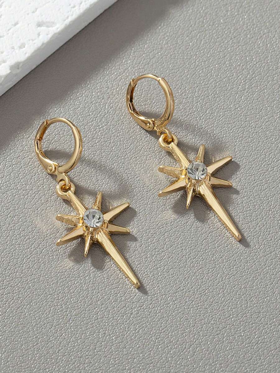 2pcs Stylish Rhinestone-Decorated Star Pendant Earrings, Round Geometric Eight-Pointed Star Earrings, Simple And Unique Style, Unisex Pendant Earrings, Suitable For Parties, Gatherings, Outings And Everyday Wear. - Gold - View 1