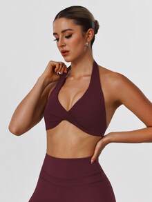 Sodalemon Women's Twist Back Workout Top, V-Neck Padded Solid Color Yoga Casual Sports Bra Spring - 紫色 - 查看 5