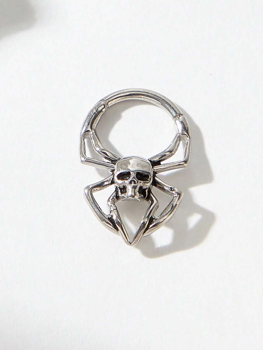 1 pieza Anillo de nariz de acero inoxidable con diseño gótico oscuro de calavera y araña, adecuado para fiestas, festivales de música y reuniones - Plateado - Ver 1