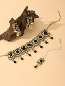 4pcs/Set Vintage Palace Style Purple Jewelry Set, Including Faux Pearl Headpiece, Rhinestone Necklace And Earrings, Suitable For Women's Party Or Wedding, Also An Ideal Valentine's Day Gift - 水滴型幾何項鍊4件套 - 查看 5