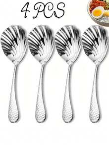 1pc/4pcs High Quality Stainless Steel Thick Creative Serving Spoon/Long Handle Hammered Shell Polished Spoon, Suitable For Home Kitchen, Restaurant, Hotel, Party, Thanksgiving, Elegant & Sophisticated Design, Large Soup Ladle, Mixing Spoon