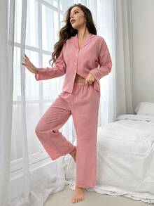 Nina Bonheur Bộ đồ ngủ dài tay cài nút sọc phía trước dành cho nữ 2 món + Quần cạp rút dây, đồ ngủ dễ thương - Đỏ - Xem 4