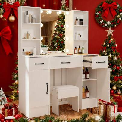 Bedroom Dressing Table Vanity Makeup Desk W/ 10 LED Lights Mirror Drawers Stool
