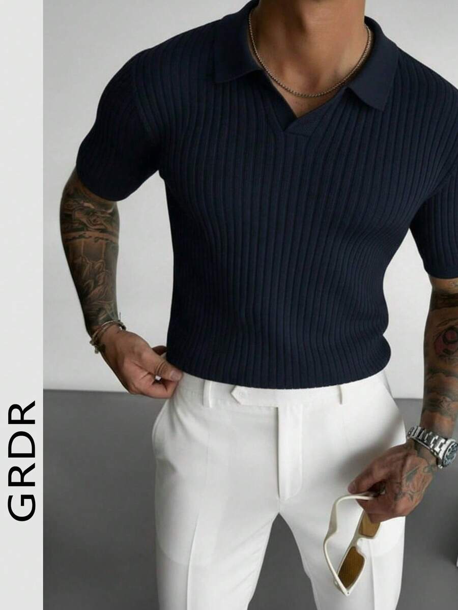 GRDR 男士夏季纯色 Polo 领短袖针织衫，适合夏季外出穿着，时尚造型必备单品