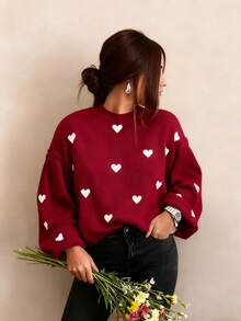 秋冬女装情人节可爱休闲心形图案宽松时尚圆领长袖毛衣，基本款毛衣，商务休闲女装，秋季上衣，秋季毛衣，女士冬装，女士秋冬装，秋季服装 - 紅色 - 查看 5