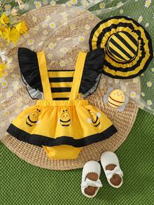 2pcs Newborn Casual Cute Woven Contrast Ruffle Trim Bee Print Bodysuit Dress & Hat Set, Summer Daily Outfit - Yellow - View 2