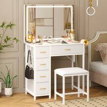 Tomnk LED Lighted Vanity Table Set With 80cm Large Mirror, 3 Color Adjustable Lights, 5 Fabric Drawers & Storage Shelf, White Makeup Dressing Desk With Stool, USB Powered Bedroom Vanity For Women - 美規B型插(110-127V) - 查看 5