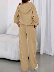 Womens Sweatsuits 2 Piece Set Casual Winter Long Sleeve Hoodie Loose Wide Leg Sweatpants Fall Tracksuit - Màu Khaki - Xem 2
