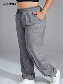 Plus Size Women Loose Casual Pants, Elastic Waistband, Drawstring, Pockets, Soft, Wide Leg, Suitable For Fitness & Yoga - Grey - View 8