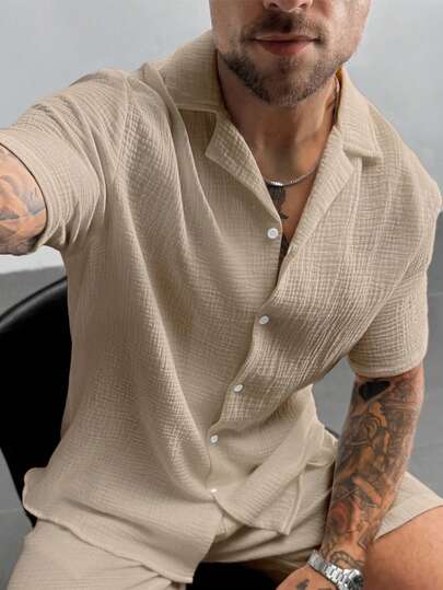 Men's Casual Vacation Shirt, Suitable For Summer Outings And Daily Wear. This Classic Solid Color Loose Short-Sleeve Shirt Features A Button-Up Design, Made Of 100% Lightweight And Breathable Cotton Fabric, Fashionable And Versatile, Ideal For Hawaii Beach Vacations, Music Festivals, And Daily Wear.