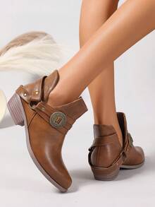 Brown Hollow Strap Retro Buckle Chunky Low Heel Round Toe Slip-On Ankle Boots, Elegant Versatile For Commute And Daily Wear - Brown - View 2