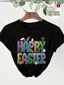 Women's Easter T-Shirt, Happy Easter Print, Casual Round Neck, Geometric Pattern, Fashionable Top For Spring/Summer - Black - View 4