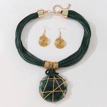 手工夸张多层铝线人造水晶蜡线树脂编织欧美波西米亚复古魅力晚宴派对宴会海蓝色风韩式假日休闲项链耳环 - 墨綠色 - 查看 6
