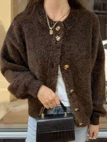 Brown Round Neck Long Sleeve Knitted Cardigan, Women's New Spring Fashion Item, Elegant Minimalist, Decorated With Metal Buttons, Casual Loose, Versatile & Comfortable, New Year New - Brown - View 2