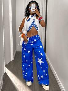 American Baddie Star Print Wide Leg Pants, Navy Blue, Large Pockets, Casual Street Style, Spring/Summer - Blue - View 7