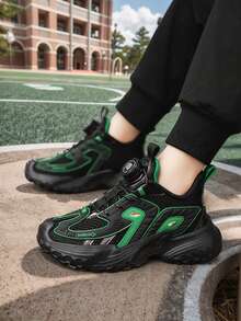 Kids Shoes, Black Mesh Low-Top Boys Shoes, Anti-Collision Toe Design, Fashionable Rotary Button, Unisex Campus Street Casual Sports, Suitable For Christmas, Halloween, New Year And Other Holidays - Black - View 2