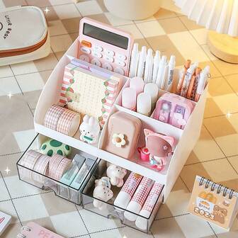 1 pieza Organizador de escritorio con 6 compartimentos y 2 cajones, soporte multifuncional para lápices de escritorio, organizador de papelería. Bandeja para bolígrafos/lápices/tarjetas de visita/notas adhesivas/sujetapapeles. Útiles escolares