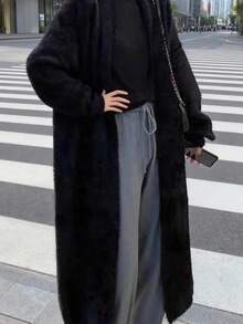 女士纯色落肩长袖宽松长款休闲保暖长款毛绒外套，适合秋冬季、休闲、商务女性、冬季女士外套、秋季女士、返校节、纯色前开宽松针织休闲长袖长款外套 - 黑色 - 查看 5