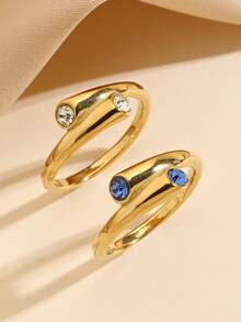 2 piezas Conjunto de anillos de acero inoxidable con acabado dorado lujoso, con zirconia rosa y azul incrustados, adecuado para uso diario de mujeres o como regalo - Amarillo Oro - Ver 7