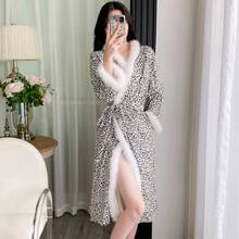1pc Women's Thermal-Lined Long Sleeve Sexy Sleepwear Robe, Long Lace Palace Style Bathrobe, Absorbent Loungewear, Autumn/Winter - Multicolor - View 5
