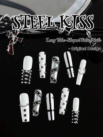 Original Design, Handmade, 10 Pieces Of Punk Style Acrylic Nail Kit, Rectangular Fake Nails (Pipe Nails), Press On Nails French Tip,Featuring Rivets And Cross Elements. Classic White Paired With Personalized Fashion Design
