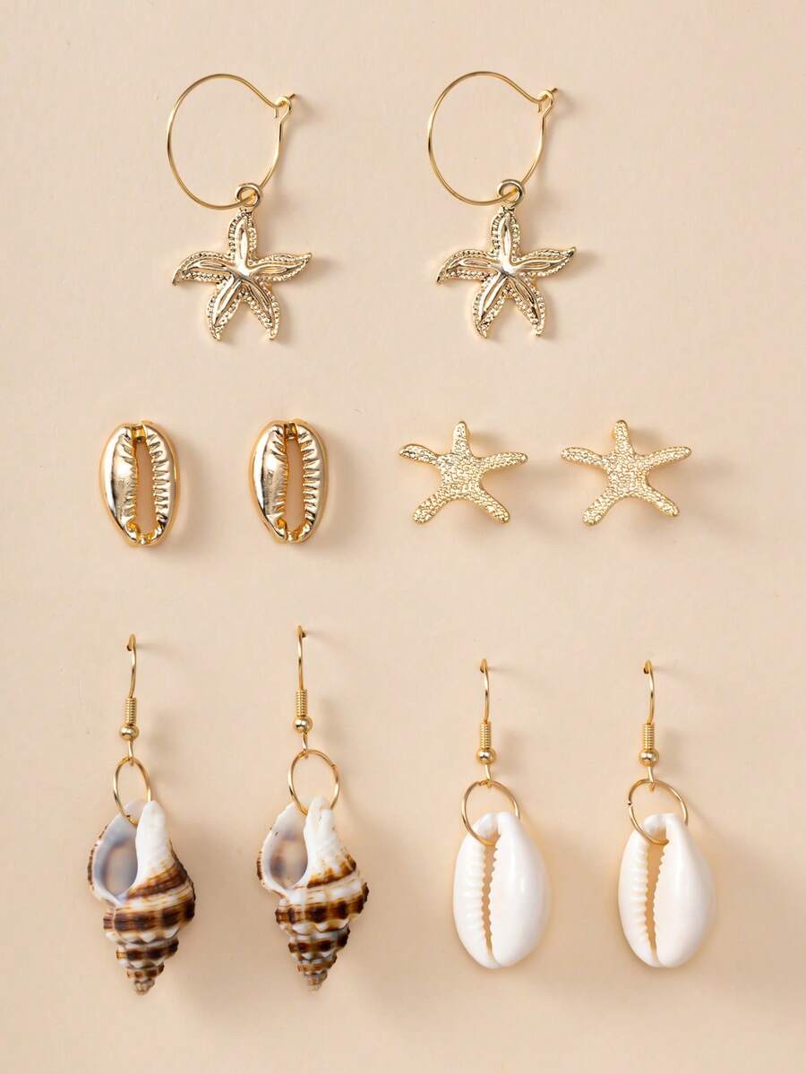 5 Pairs Starfish & Shell Earrings Set, Conch Earrings, Personalized Combination, Suitable For Casual, Vacation Wear, Gift