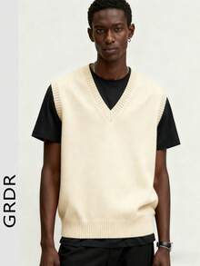 Chaleco de punto de unicolor para hombre GRDR, casual y versátil - Beis - Ver 2