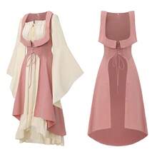 2pcs Medieval Renaissance Women's Costume, Low-Cut Pirate Peasant High-Low Hem Dress With Collar, Vintage Contrast Color Fitted Dress, Flared Sleeves, Maxi Skirt, One-Shoulder Dress, For Women Cosplay Performance - 彩色 - 查看 33