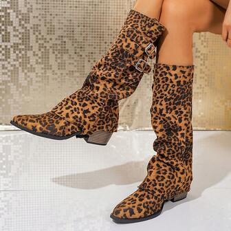 Women's Fashion Double-Breasted Side Buckle Square Heel Pointed Toe Long Boots, Versatile, Minimalist, Slimming, Autumn/Spring