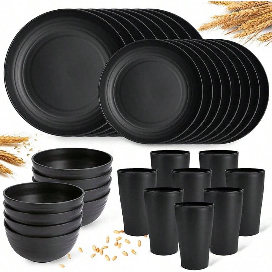 Plastic Plates And Bowls Sets, Dishwasher And Microwave , Reusable, Lightweight Unbreakable Dinnerware Sets 8, 32 Pcs - Kitchen, Camping, Outdoor, RV - Wheat Straw Look - 黑色 - 查看 1