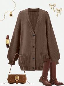 女士时尚针织开衫毛衣，秋冬新品，圣诞新年 - 棕色 - 查看 4