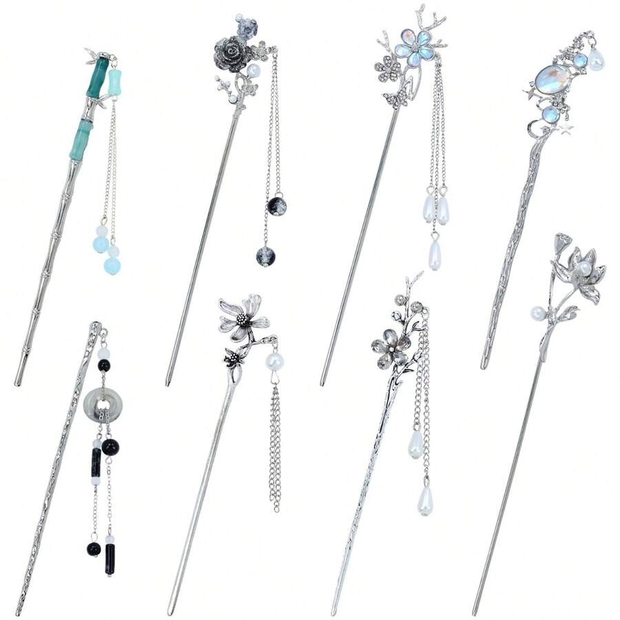 Retro Vintage Asian Chinese Traditional Hanfu Silver Metal Flower Hair Sticks With Pearl Bead Pendants Bamboo Lotus Long Hair Chopsticks Forks Bun Updo Holders Hairpins - 8件 S1 - 查看 1