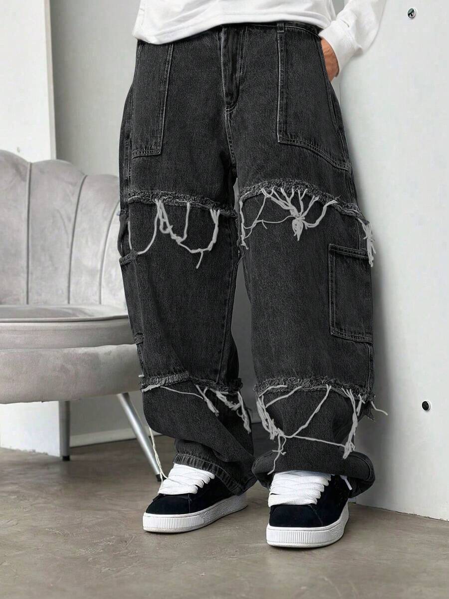 Grunge Goth Y2K 风格时尚休闲流苏年轻街头个性化学院运动宽松直筒阔腿百搭休闲男士牛仔裤