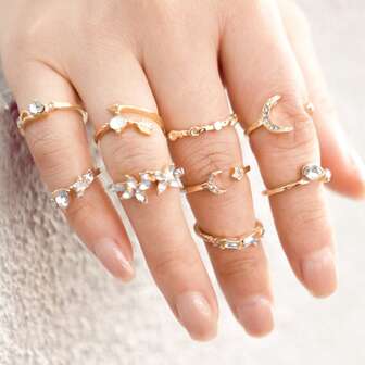 9pcs/Set European & American Style Crystal Ring Set With Heart, Butterfly, Star And Moon Designs, Multifunctional Daily Rings For Women, Suitable For Valentine's Day