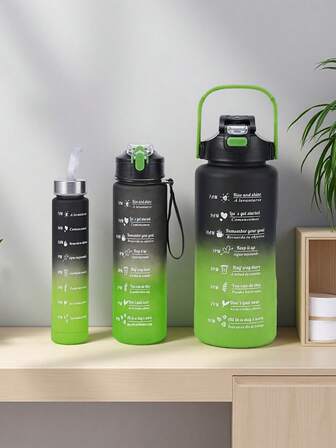 3件套塑料渐变色饮水杯，带盖和吸管，大容量户外运动水瓶