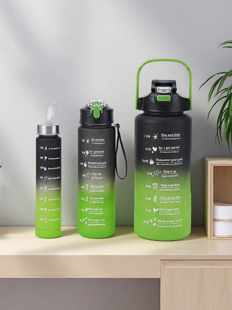 3pcs Set Plastic Gradient Color Drinking Cup With Lid & Straw, Large Capacity Outdoor Sports Water Bottle