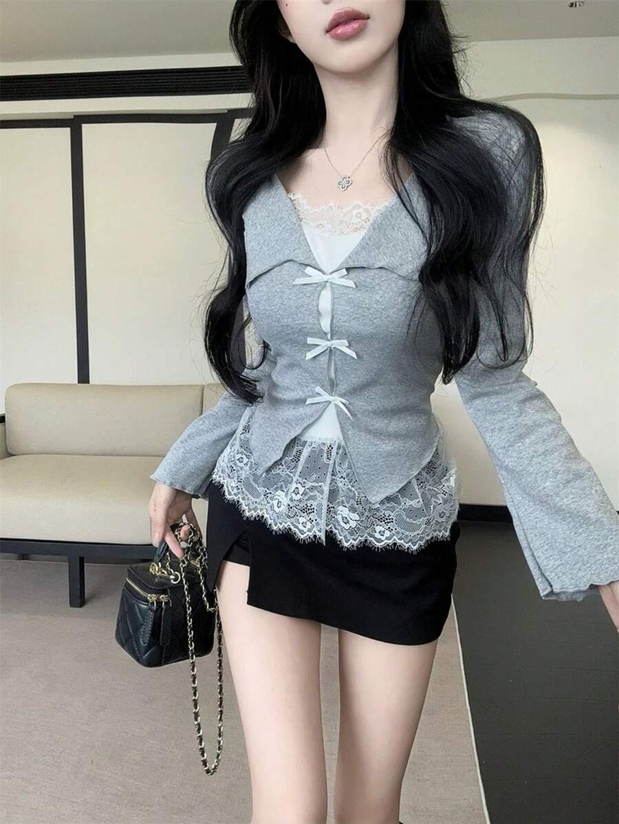 女士蕾丝拼接蝴蝶结修身长袖衬衫 - 灰色 - 查看 1