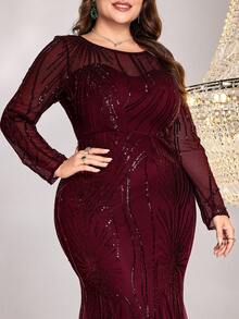 Vestido de noche formal de talla grande con manga larga, cuello redondo y dobladillo de sirena de tela elástica con lentejuelas de alta calidad (con adornos), adecuado para fiestas, graduaciones, bodas, eventos y diversos galas y bailes
